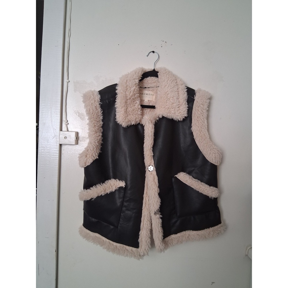 Promesa Womens Faux Leather Shearling Vest Black Cream YJS1378-VC Large